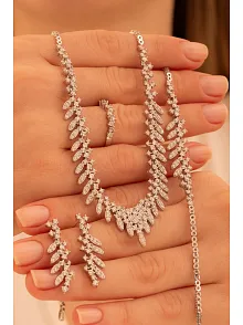 Kadın Gümüş Takı Seti - Nigar Zirkon Taşlı Yaprak Model Kolye, Bileklik, Yüzük, Küpe Tam Set