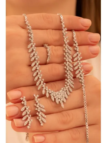 Kadın Gümüş Takı Seti - Nigar Zirkon Taşlı Yaprak Model Kolye, Bileklik, Yüzük, Küpe Tam Set