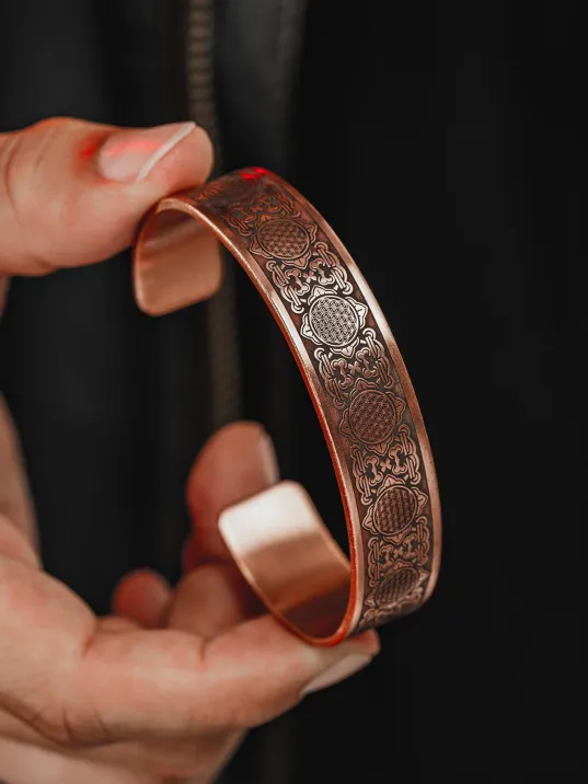 Erkek Bakır Bileklik - Lotus Çiçeği - Yaşam Çiçeği Erkek Kelepçe Bileklik Bilezik