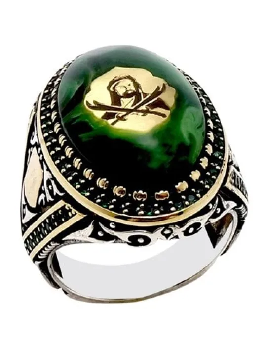 Hz. Ali ve Zülfikar Motifli Sıkma Kehribarlı Gümüş Erkek Yüzük