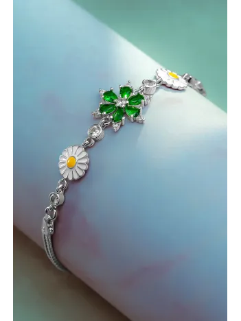 Kadın Gümüş Bileklik Yeşil Zirkon Taşlı Nergiz Motifli Yanı Papatya Çiçek Kadın Bileklik