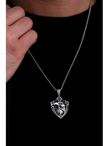 Erkek Gümüş Kolye - Zirkon Taşlı Kartal Figürlü Tilki Kuyruğu Zincir Erkek Kolye