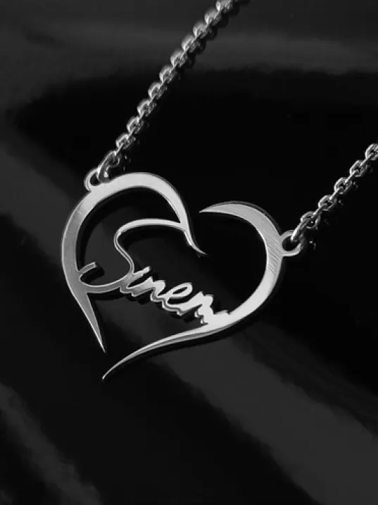 Kişiye Özel Kalp İçinde İmza İsim Yazılan Bayan Gümüş Kolye Zincir GKLGMSISIMY