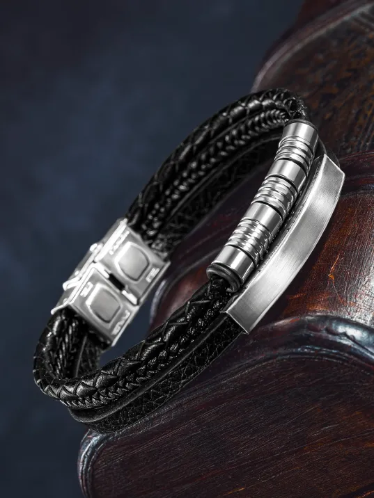 Erkek Deri Bileklik - İsim Yazılan Paslanmaz Çelik Deri Kordonlu Erkek Bileklik