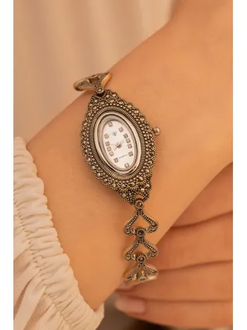 Kadın Gümüş Saat - Gelin Saati - Retro Tasarım 925 Ayar Gümüş Kadın Saat Elips Model