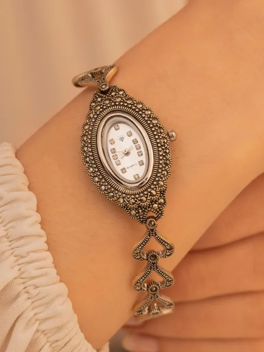 Kadın Gümüş Saat - Gelin Saati - Retro Tasarım 925 Ayar Gümüş Kadın Saat Elips Model Kadın Gümüş Saat - Gelin Saati - Retro Tasarım 925 Ayar Gümüş Kadın Saat Elips Model