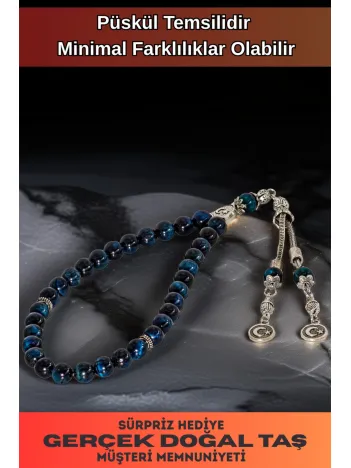 Erkek Doğal Taş Tespih - Doğal Lacivert Parlament Mavisi Kaplangözü Taşlı Ortaboy Tesbih