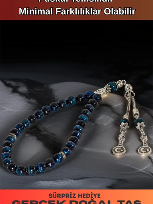 Erkek Doğal Taş Tespih - Doğal Lacivert Parlament Mavisi Kaplangözü Taşlı Ortaboy Tesbih