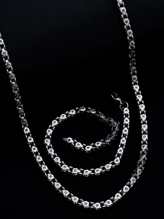 Erkek Çelik Kolye Bileklik Set - Pullu Model Çelik Kolye Bileklik Set