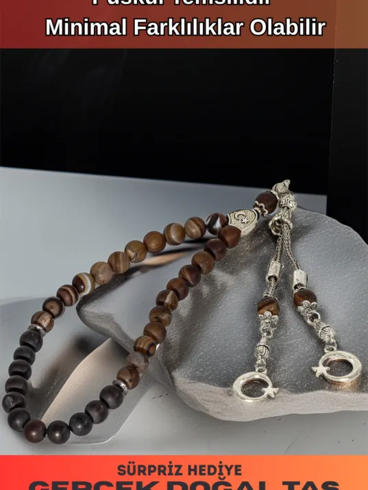 Erkek Doğal Taş Tespih - Doğal Kahverengi Akik Taşlı Ortaboy Tesbih