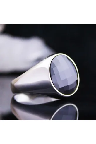 Siyah Zirkon Kristal Kesim Taşlı Özel Seri Erkek Gümüş Yüzük