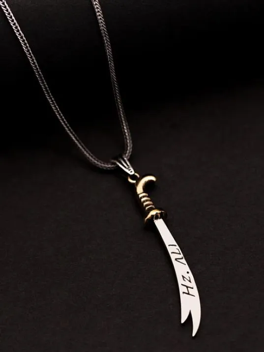 Erkek Gümüş Kolye - Tilki Kuyruğu Zincirli Hz.ali Yazılı Zülfikar Kılıcı Motifli Erkek Kolye