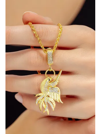 Kadın 925 Ayar Gümüş 18 Ayar Altın Kaplama Zümrüdü Anka Simurg Figürlü Kolye – Taşlı Zarif Tasarım