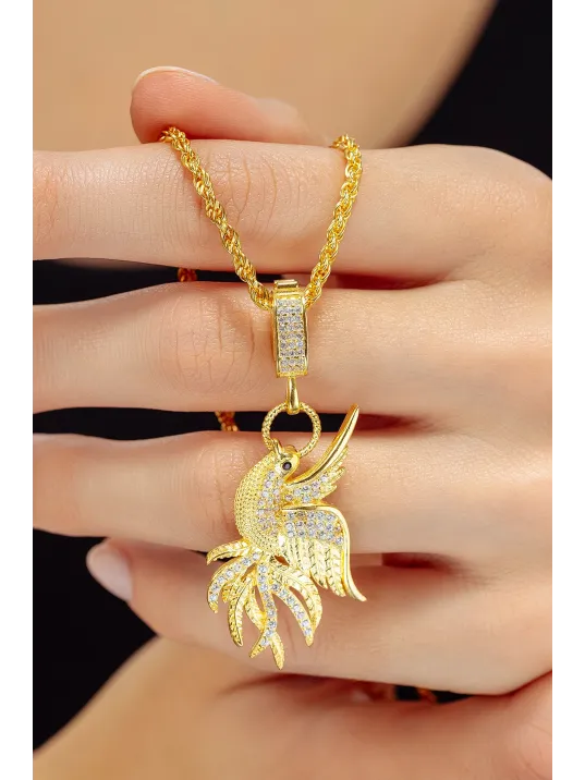 Kadın 925 Ayar Gümüş 18 Ayar Altın Kaplama Zümrüdü Anka Simurg Figürlü Kolye – Taşlı Zarif Tasarım