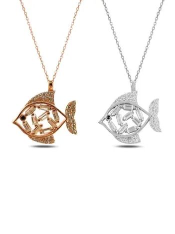 Rose Renkli Taşlı Balık Gümüş Kolye Zincir GKLBEYBALIK-GMS