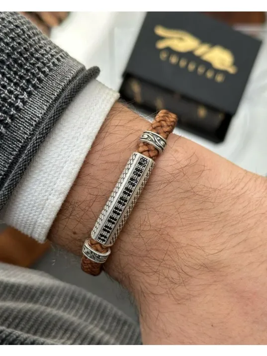 Erkek Bileklik - Deri Erkek Bileklik - Taşlı Erkek Bileklik - Taşlı Şerit Model-Kahverengi