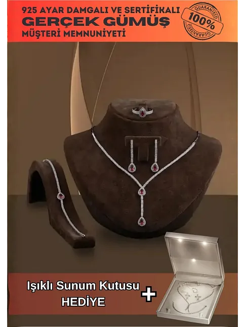 Ela Bayan Yakut Taşlı Gümüş Su Yolu Set - Kolye, Bileklik, Küpe, Yüzük