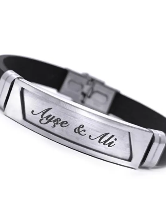 Kişiye Özel Yazılabilen Yamuk Desen Kauçuk Çelik Erkek Bileklik CBLYAMUKISM-