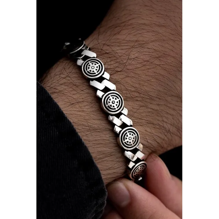 Erkek Gümüş Bileklik - Pusula Motifli Yuvarlak Model Gümüş Bileklik