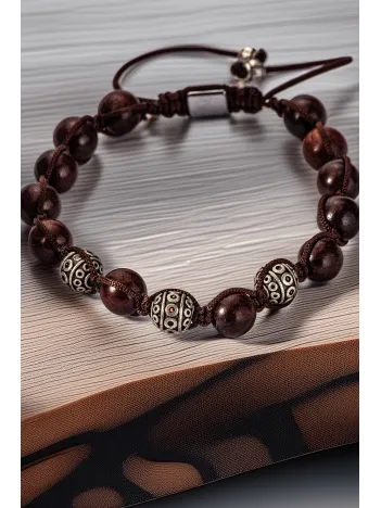 Kahverengi Doğal Taşlı Etnik Desenli Erkek Bileklik – Gümüş Detaylı Ayarlanabilir Makrome