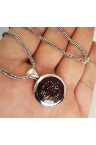 Bordo Mineli Ay Yıldız Erkek Gümüş Kolye Zincir