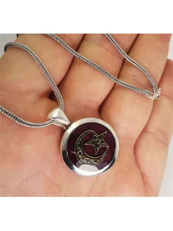 Bordo Mineli Ay Yıldız Erkek Gümüş Kolye Zincir