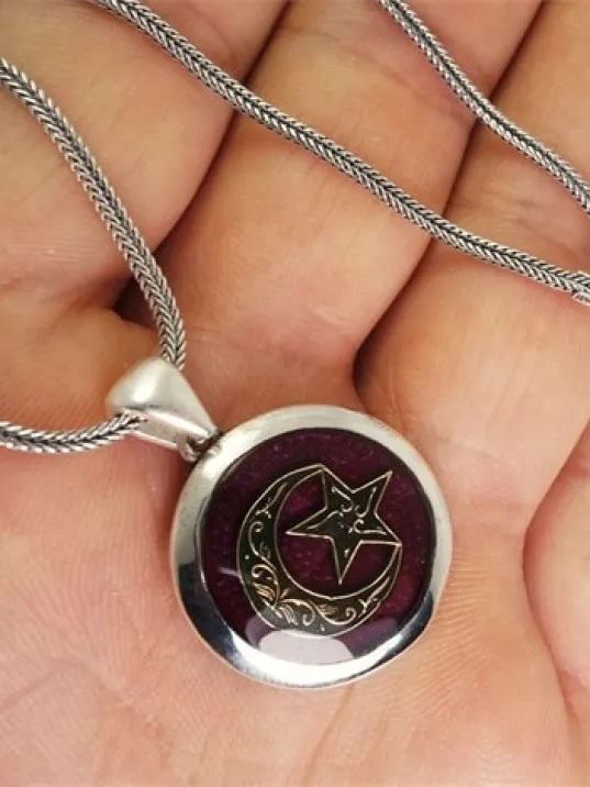 Bordo Mineli Ay Yıldız Erkek Gümüş Kolye Zincir