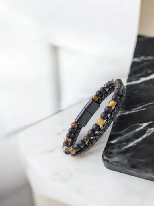 Erkek Doğal taş Bileklik - Kaplan Gözü Ve Oniks Doğal Taşlı Erkek Bileklik