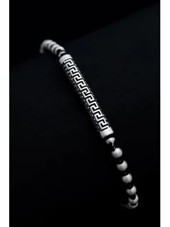 Erkek Gümüş Bileklik -Top Zincirli Grek Desenli Zirkon Taşlı Gümüş Bileklik