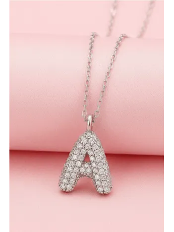 Kadın Gümüş Kolye - 925 Ayar Zirkon Taşlı Balon A Harfi Bayan Kolye