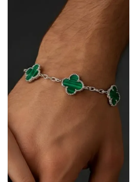 Erkek Gümüş Bileklik - Şans Dört Yaprak Motifli Yeşil Oniks Taşlı Bilezik