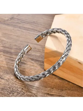 Erkek Çelik Bileklik - Beyaz Hasır Modern Örgü Tasarım Erkek Bileklik