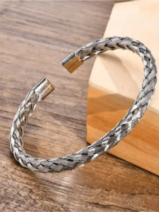 Erkek Çelik Bileklik - Beyaz Hasır Modern Örgü Tasarım Erkek Bileklik
