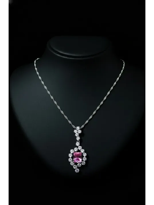 Kadın Gümüş Kolye - Bella Model Kare Pembe Zirkon Taşlı Kolye