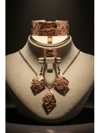 Kadın Bakır Set - Bej Sonbahar Işıltısı Kalın Model Bakır Kadın Kolye Bileklik Yüzük Küpe Set