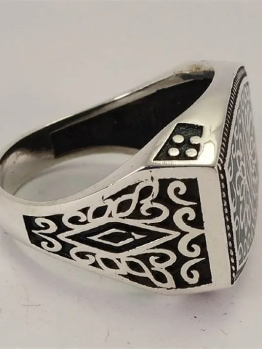 Otantik Selçuklu Motifli Yeşil Mineli Erkek Gümüş Yüzük