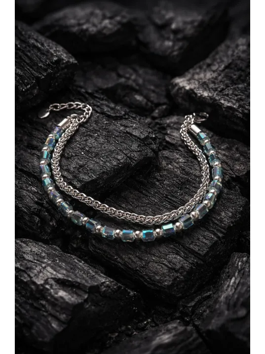 Erkek Çelik Bileklik - Çift Sıra Yuvarlak Kral Zincir Kristal Boncuk Çelik Bilezik