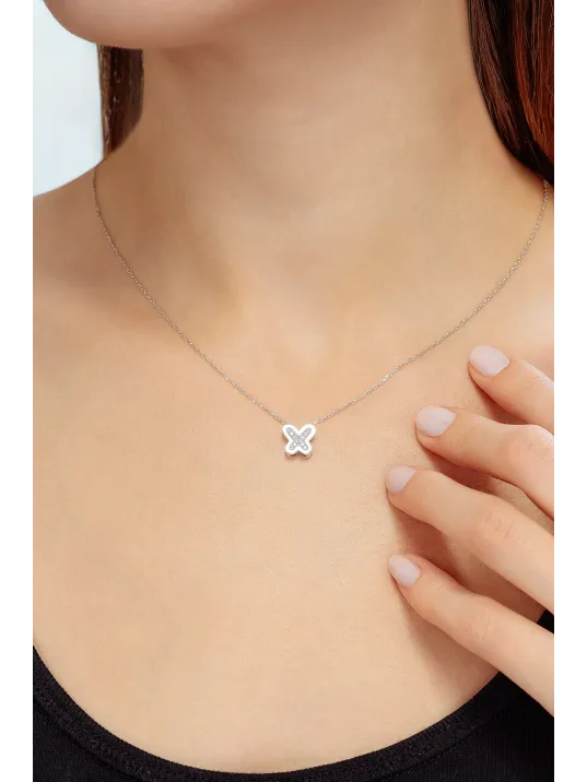 Kadın Gümüş Kolye - Swarovski Taşlı Zirconia X Kelebek Motifli Kadın Kolye