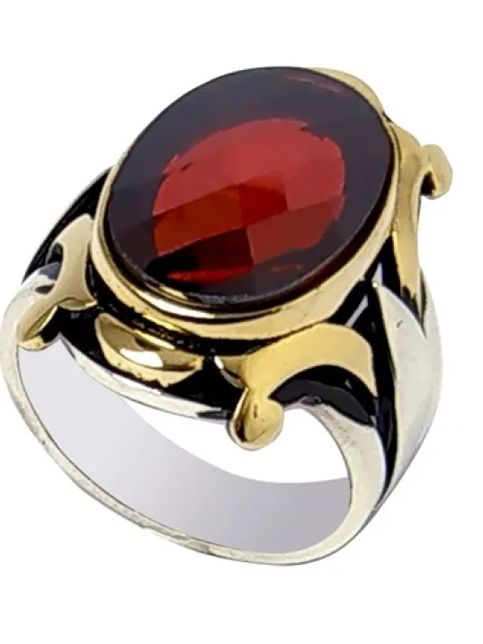 Kırmızı Zirkon Taşlı Otantik Tasarım Erkek Gümüş Yüzük