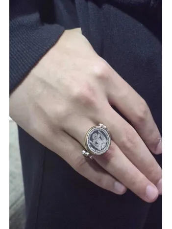 Erkek Gümüş Yüzük - 925 Ayar Gümüş Arnavut Bayrağı Simgesi Erkek Yüzük