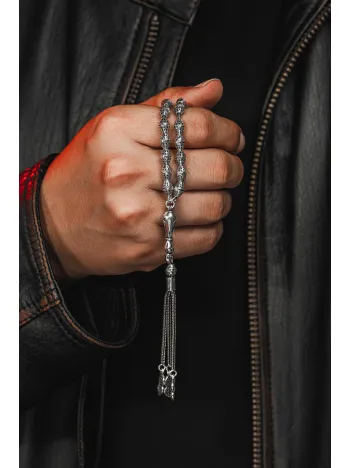 Erkek Tesbih - Fevazu Oksitli 925 Ayar Gümüş Erkek Tespih Orta Boy 24gr