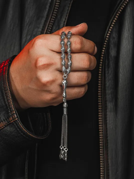 Erkek Tesbih - Fevazu Oksitli 925 Ayar Gümüş Erkek Tespih Orta Boy 24gr