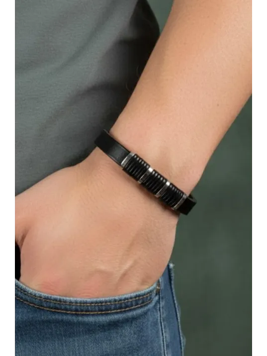 Erkek Çelik Bileklik - Siyah Deri Model Siyah Kesik Spiral Desenli Erkek Bileklik