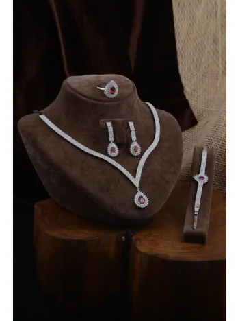 Arissa Bayan Yakut Taşlı Gümüş Su Yolu Set - Kolye, Bileklik, Küpe, Yüzük