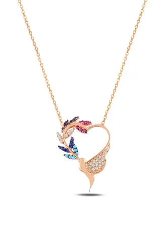 Zirkon Taşlı Rose Kalpli Kuş Model Kadın Gümüş Kolye GKLKLPLKSM1-ROS