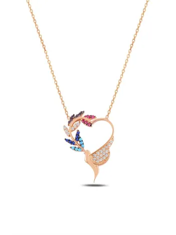 Zirkon Taşlı Rose Kalpli Kuş Model Kadın Gümüş Kolye GKLKLPLKSM1-ROS