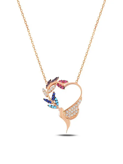 Zirkon Taşlı Rose Kalpli Kuş Model Kadın Gümüş Kolye GKLKLPLKSM1-ROS