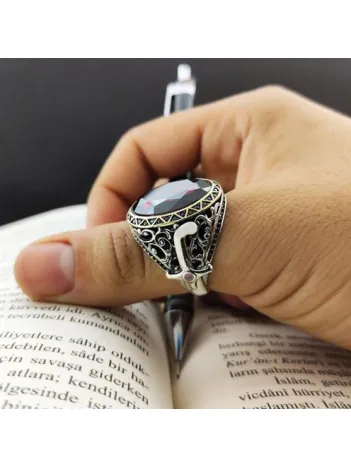 Faset Kesim Zirkon Taşlı Gümüş Erkek Yüzük GYZGMSGUMSR