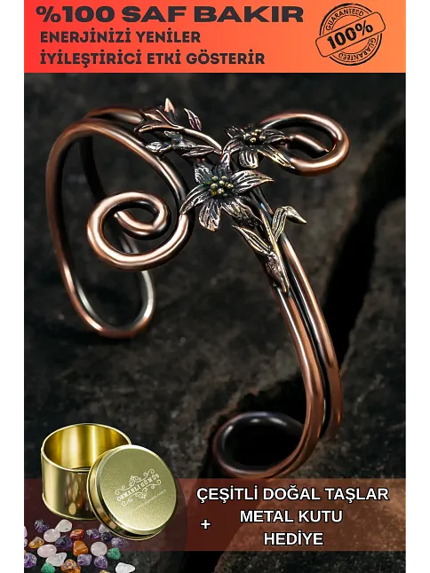 Nergiz Çiçeği Bakır Bileklik Bilezik Erkek Kadın Doğal Taşlar Ve Metal Kutulu