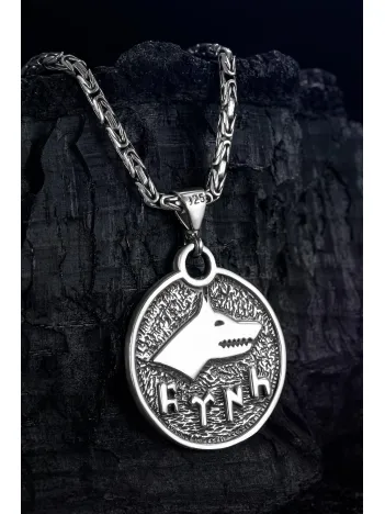 Erkek Gümüş Kolye - Göktürkçe Türk Yazılı Bozkurt İşlemeli Kral Zincirli Erkek Kolye
